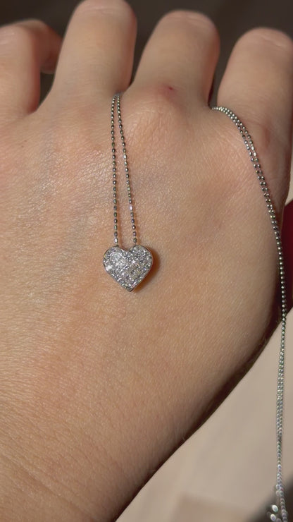 Vintage 18k White Gold Invisible Set Diamond Heart Necklace