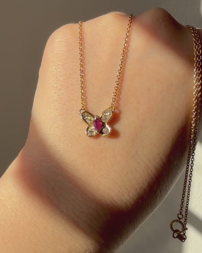 Vintage 18k Gold Marquise Cut Ruby and Diamond Butterfly Motif Necklace
